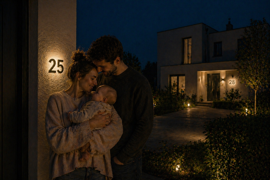 Eine kleine Familie steht vor ihrem Haus mit einer beleuchteten Hausnummer. Im Hintergrund steht ein weiteres Haus, bei dem die Hausnummer beleuchtet und damit gut sichtbar in der Dunkelheit ist.