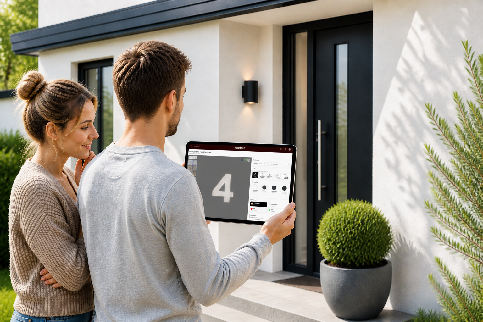 Ein Paar plant mit Hilfe des Konfigurators auf einem Tablet vor ihrem Haus ihre persönliche Hausnummer.
Dieses Bild wurde mit Hilfe von KI generiert.