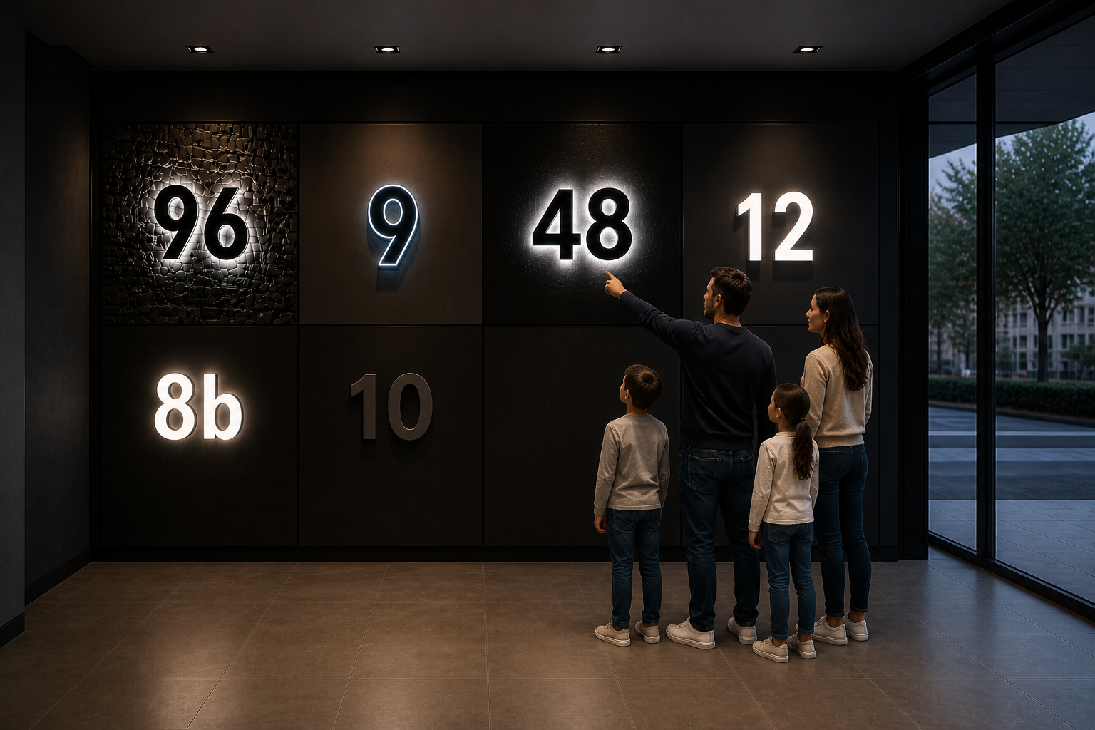 Eine Familie steht vor einer Wand mit Hausnummern verschiedenster Kollektionen und wählt ihren Favoriten aus.
Dieses Bild wurde mit Hilfe von KI generiert.