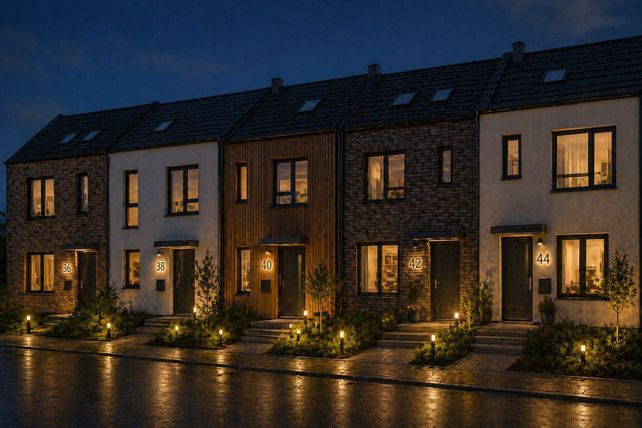 5 Reihenhäuser haben beleuchtete Hausnummern von Numeo mit den jeweiligen Zahlen 36, 38, 40, 42, 44 an ihrer Fassade.
Dieses Bild wurde mit Hilfe von KI generiert.