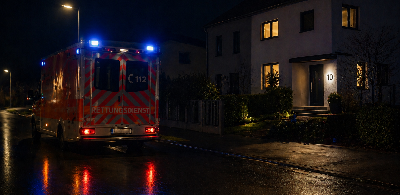 Beleuchtete Hausnummer 10 an einem Wohnhaus bei Nacht, während ein Krankenwagen davor steht. Gut sichtbare, beleuchtete Hausnummern erleichtern Rettungskräften die schnelle Orientierung in Notfällen.